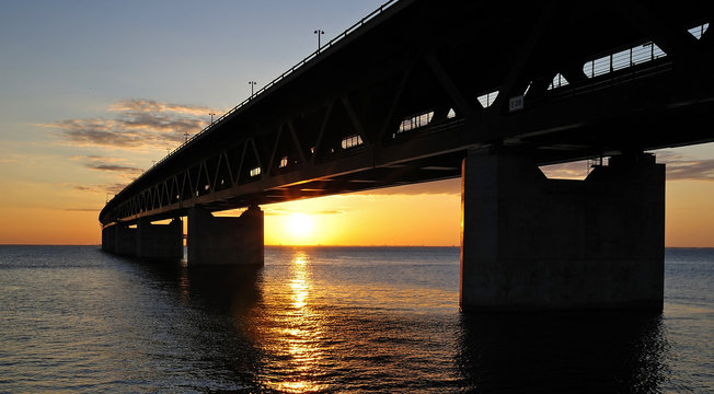 Oresund's bridge at the sunset