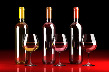 Bottles of red , rosé and white wine - obrazy, fototapety, plakaty