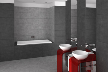 tiled bathroom with double basin and bathtub