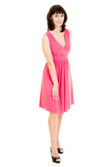 The woman in red dress on a white background.