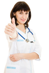 Fototapeta premium Successful woman doctor with stethoscope on white background.