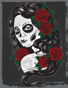 Day of dead girl tattoo illustration