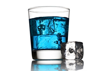 Blue cocktail with ice cubes