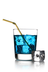 Blue cocktail with ice cubes