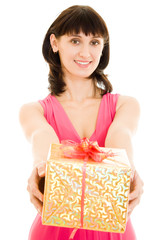 Happy woman with gift on a white background.