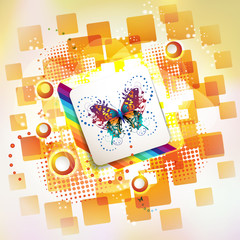 Square background with circles and butterflies