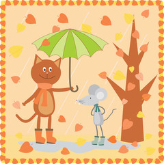 kitty and mouse walking at the autumn day