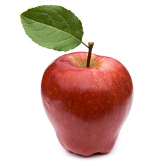 Red apple with leaves isolated on white