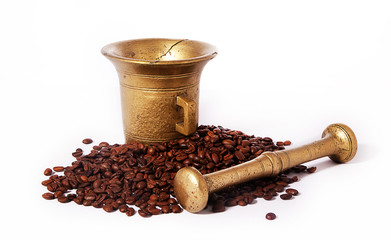 Roasted coffee and ancient brazen pounder