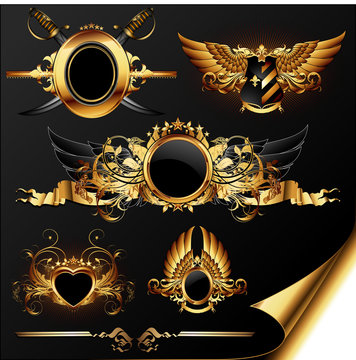 set of ornamental golden heraldic elements