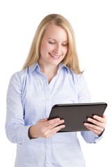 Smiling Woman Watching A Touchpad Screen