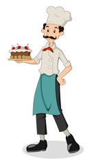 Cartoon illustration of a chef holding a cake