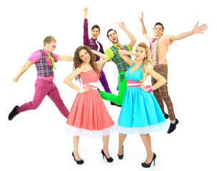 Obraz premium Group of the young smiling people. Over white