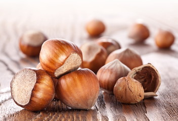 Filberts on a wooden table. Close-up shot.
