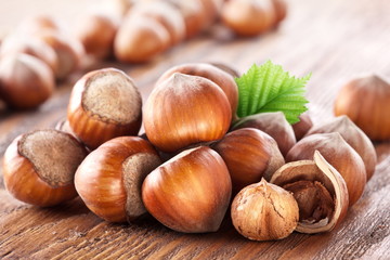 Filberts on a wooden table. Close-up shot.