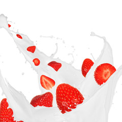 Strawberries in cream splash over white background