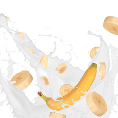 Bananas in cream splash over white background