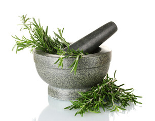 fresh green rosemary in mortar isolated on white
