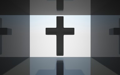 Fototapeta premium The cross hangs in the air against the sky.