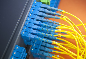 fiber cables and hub in data center