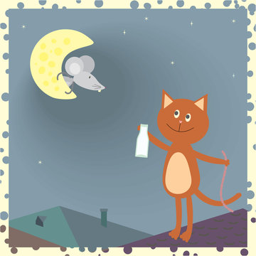 a cat on the roof and a mouse on the moon