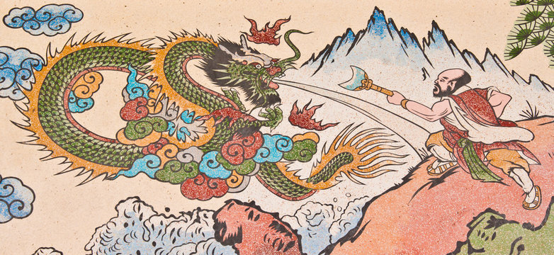 human and dragon painting on chinese temple wall