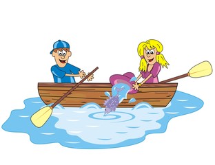 ship young man and woman at boat, funny vector illustration