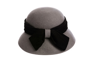 grey hat with black ribbon
