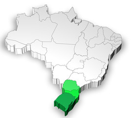 Three dimensional map of Brazil with south region