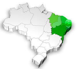 Three dimensional map of Brazil with north region