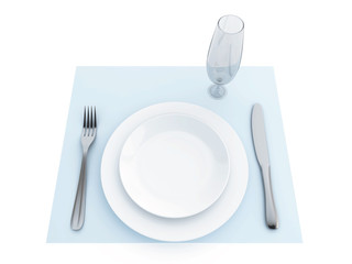 Tableware on a blue napkin and a white background