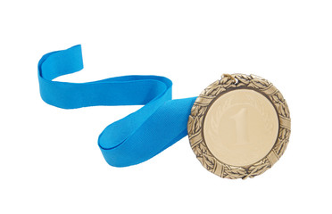 Gold medal with blue ribbon isolated on white