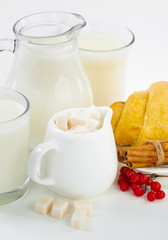 Milk in a cup with croissants