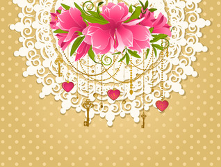 Flowers with lace ornaments on background.