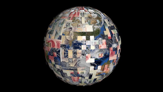 Rotating earth is covered by Chinese Yuan sphere animation