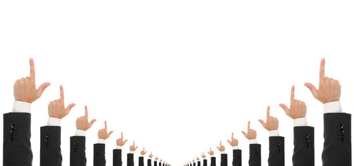 Businessmans hands pointing up.