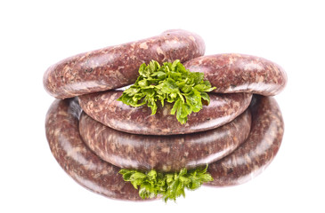 raw sausage,arranged, reflection, isolated white background