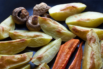 Baked potatoes, carrots and champignons