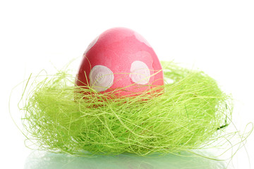 Pink Easter Egg with white point in little bird nest  isolated