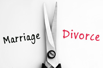 Marriage and Divorce words with scissors in middle
