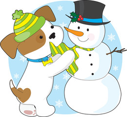 Cute Puppy and Snowman