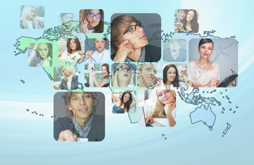 Graphic design background. World map and photo of different peop