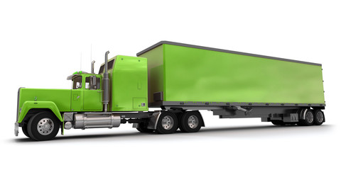 Lateral view of a big green trailer truck