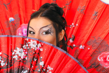 girl with red asian fan