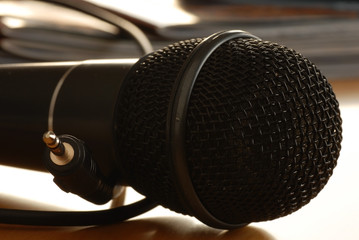 Obraz premium black microphone and wire details closeup macro