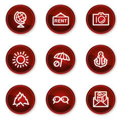 Travel web icons set 5, dark red circle buttons