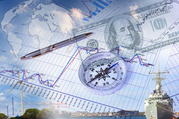 Financial charts with lighthouse on the background