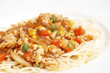 close-up of spaghetti and sauce