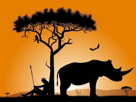 Silhouettes of a hunter, trees, and rhinoceros.