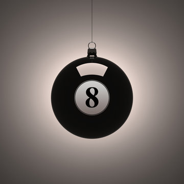 Black billiard ball hanging as a Christmas decoration